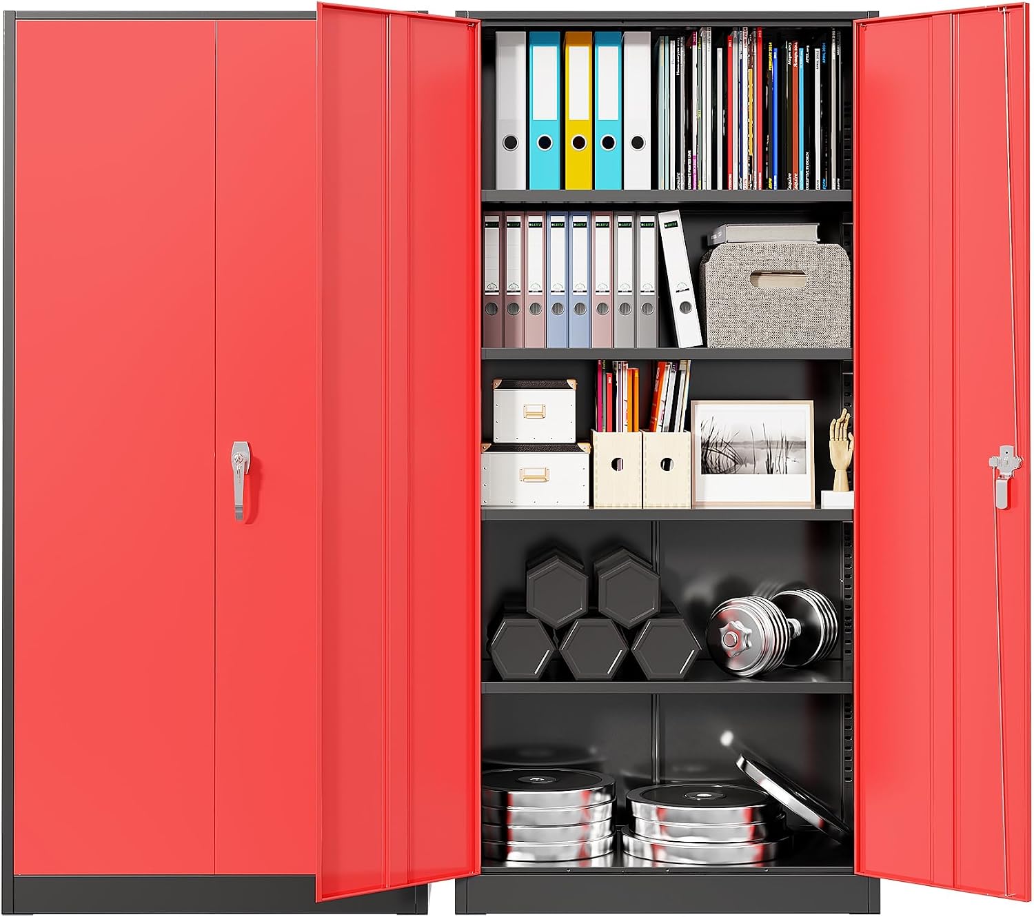 Workshop Tools Cabinet - ตู้เก็บของโลหะสำหรับงานหนัก, ตู้เก็บของเหล็กแบบมีกุญแจพร้อม 2 ประตูและชั้นวางปรับได้ 5 ชั้น