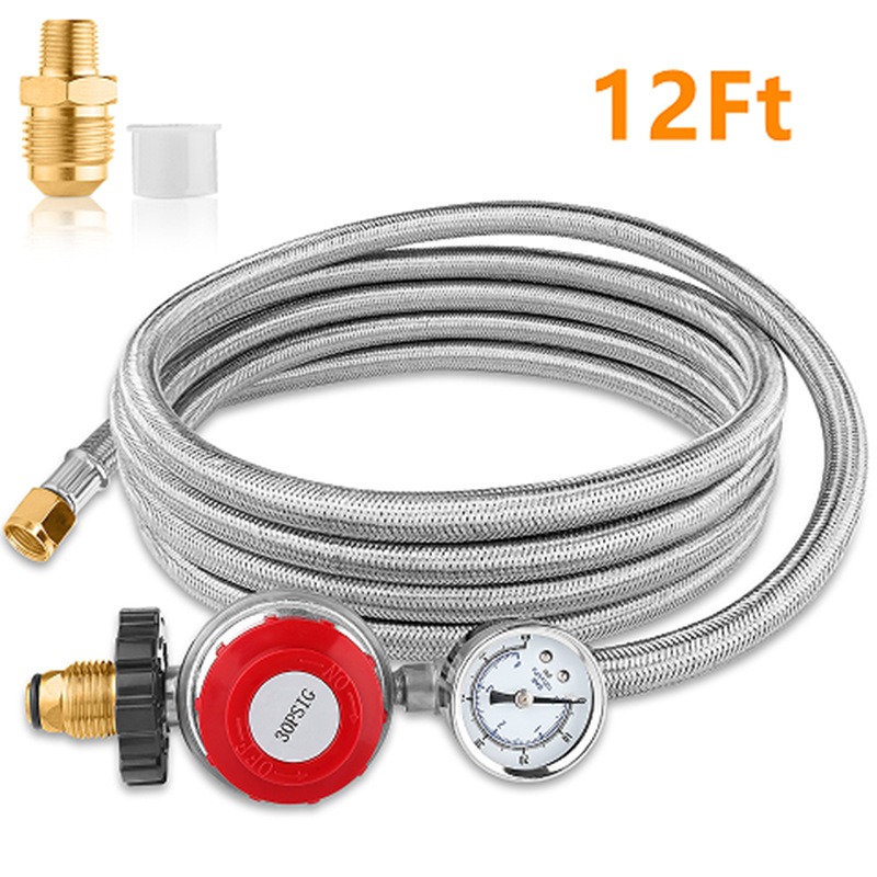 Tools Qcc - ตัวปรับแรงดันแก๊สโพรเพนแบบปรับได้ 0-30 PSI พร้อมข้อต่อ QCC สายถักสแตนเลส